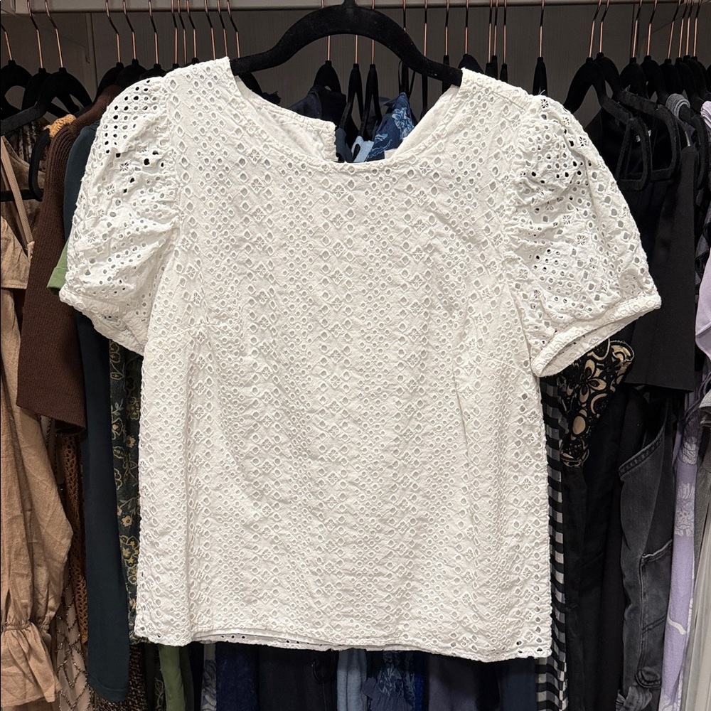 J. Crew White Eyelet Puff-Sleeve Blouse